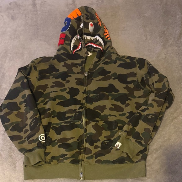 A Bathing Ape BAPE Shark Full Zip Hoodie Green Camo XL Authentic Japan - Picture 2 of 9